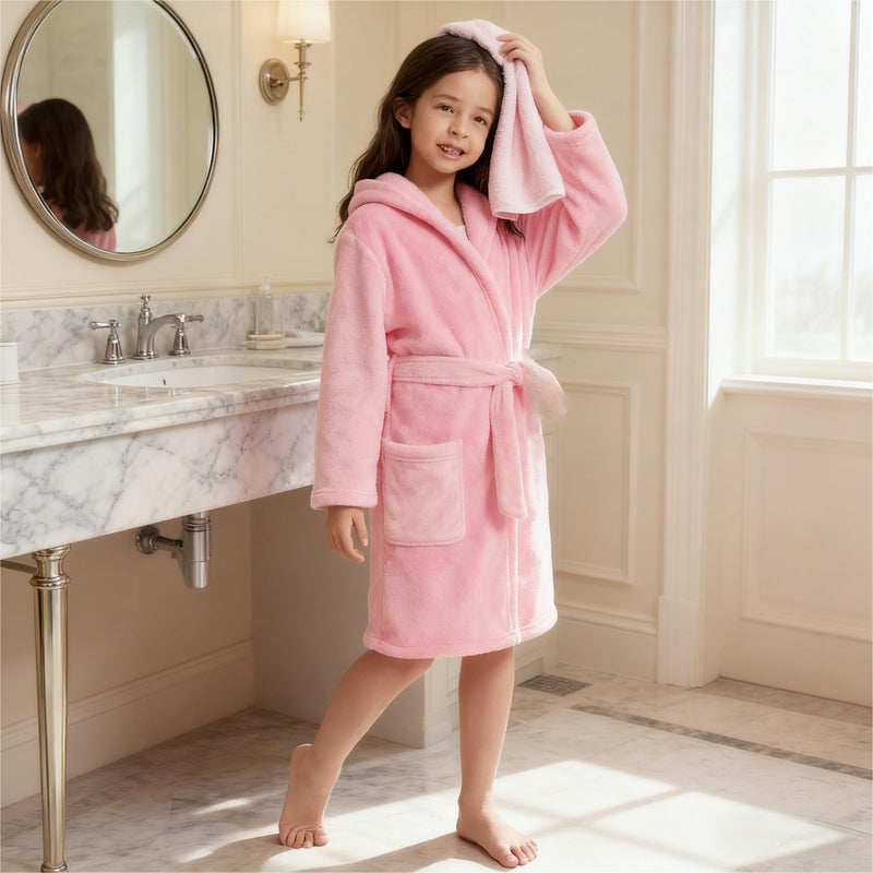 V.&GRIN Girls Fleece Robe, Plush Hooded Soft Fuzzy Warm Fluffy Bathrobe for Kids 5-14 Yearsï¼ˆPink7-8 - Image 2